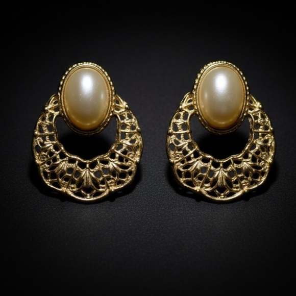 Jewelry - Vintage Filigree Pearl Drop Earrings Gold Tone Lace Statement Earrings